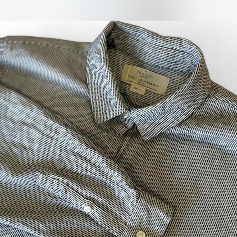 Cotton Pullover Poplin Collared Grey White Striped Long Sleeved Oversized Top S